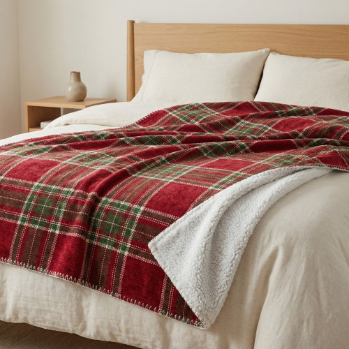 Plaid coperta scozzese matrimoniale 210x230 rosso verde doppio lato sherpa morbidissimo