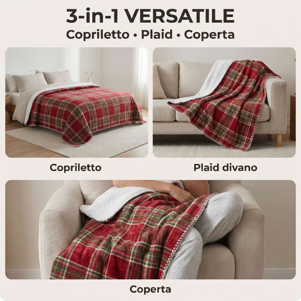 Plaid 3 in 1 copriletto, plaid divano e coperta con fronte scozzese rosso e retro sherpa caldo