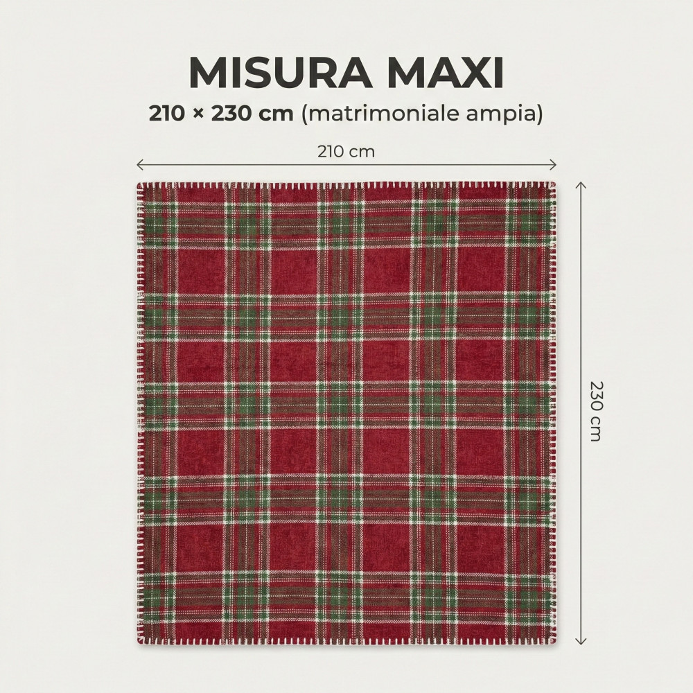 Coperta matrimoniale maxi 210x230 stile scozzese rosso natalizio con interno agnello soffice