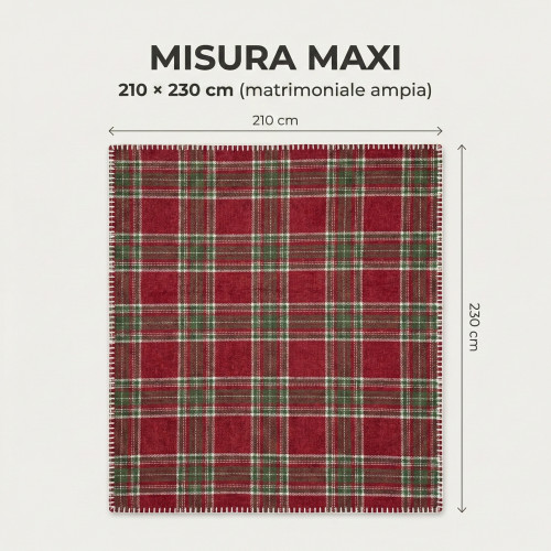 Coperta matrimoniale maxi 210x230 stile scozzese rosso natalizio con interno agnello soffice