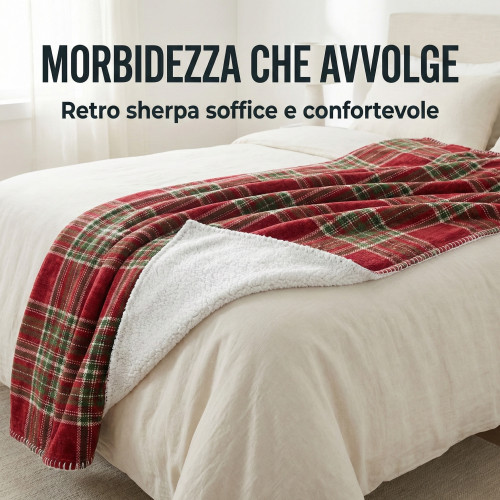 Plaid Scozzese Matrimoniale Rosso 210x230 - Doppio Lato Sherpa