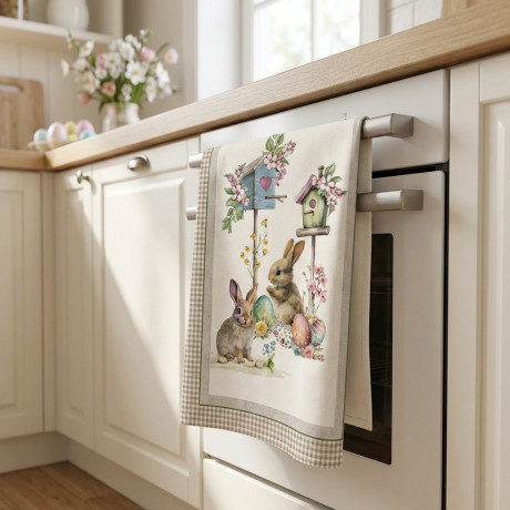 Set 5 strofinacci cucina pasquali in cotone 50x70 con coniglietti e uova colorate in stile acquerello 2