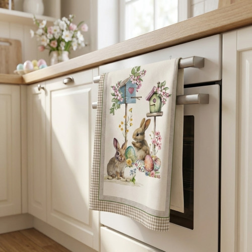 Serviettes de cuisine élégantes, lapins de Pâques, nichoirs et fleurs de printemps sur un fond clair