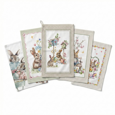 Juego de 5 paños de cocina de algodón de Pascua de 50x70 con conejitos y huevos de colores en estilo acuarela