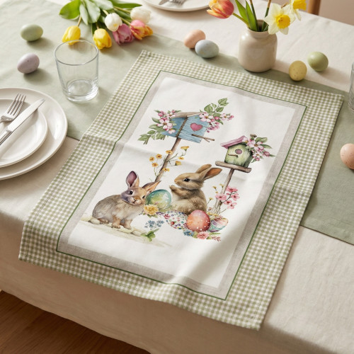 Oster-Geschirrtuch mit Kaninchen und großem verziertem Ei, Blumen und Schmetterlingen in zarten Pastellfarben
