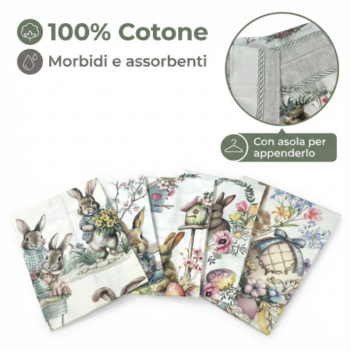 Oster-Geschirrtuch mit zwei verliebten Kaninchen, Herz aus Blumen und dekorierten Eiern, hergestellt in Italien