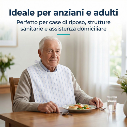 Bavaglione con lacci indossato da anziano a tavola, protezione completa degli indumenti durante il pasto