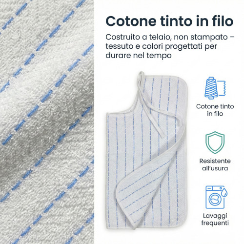 Tessuto in cotone tinto in filo, dettaglio bavaglione adulto resistente all’usura e ai lavaggi frequenti