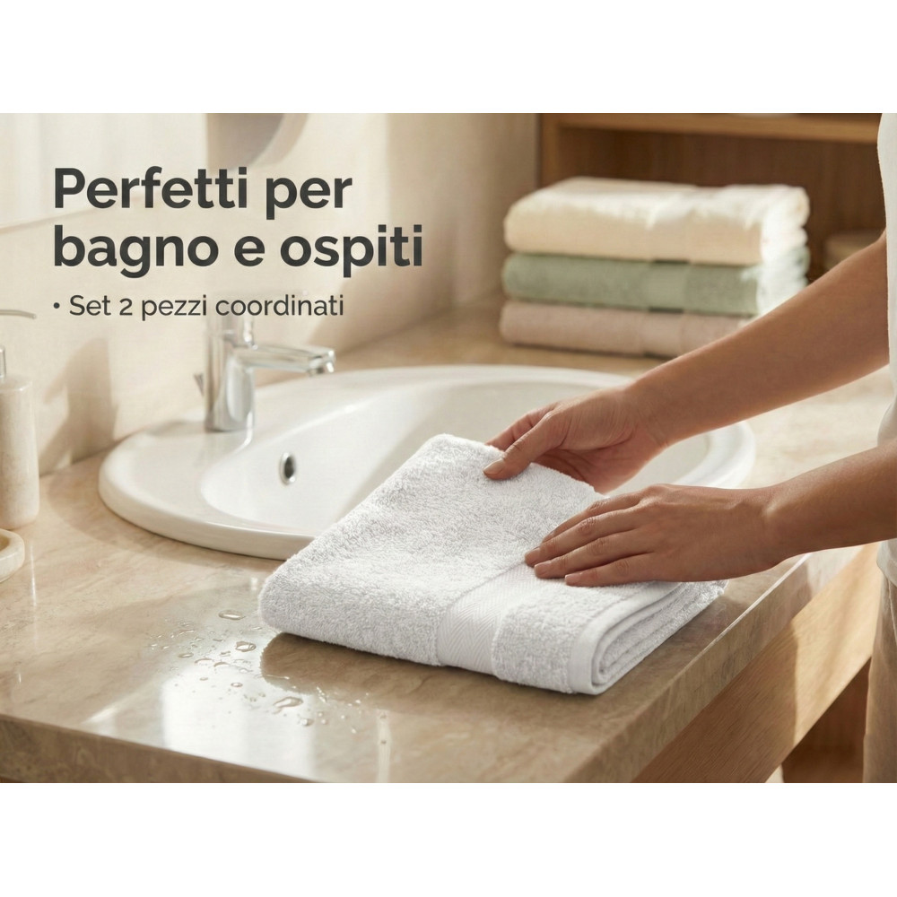 Coppia Asciugamani Viso e Ospite Sabbia Spugna Made in Italy