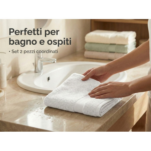 Coppia Asciugamani Viso e Ospite Beige Spugna Made in Italy