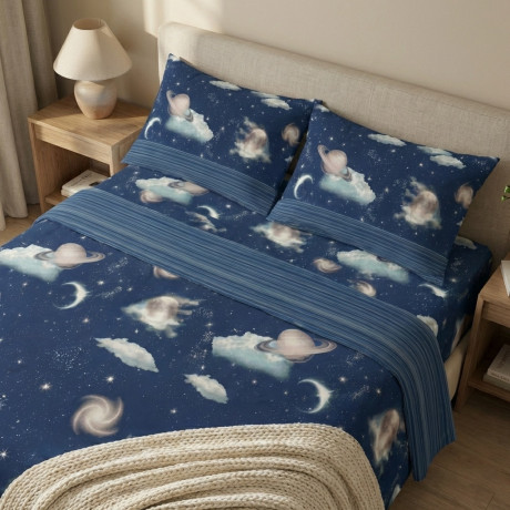 Completo lenzuola disegno pianeti blu in 100% cotone Made in Italy 2