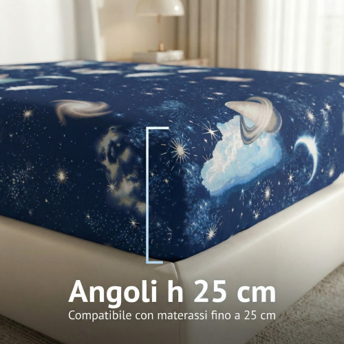 Lenzuolo sotto con angoli altezza 25 cm in cotone fantasia pianeti blu