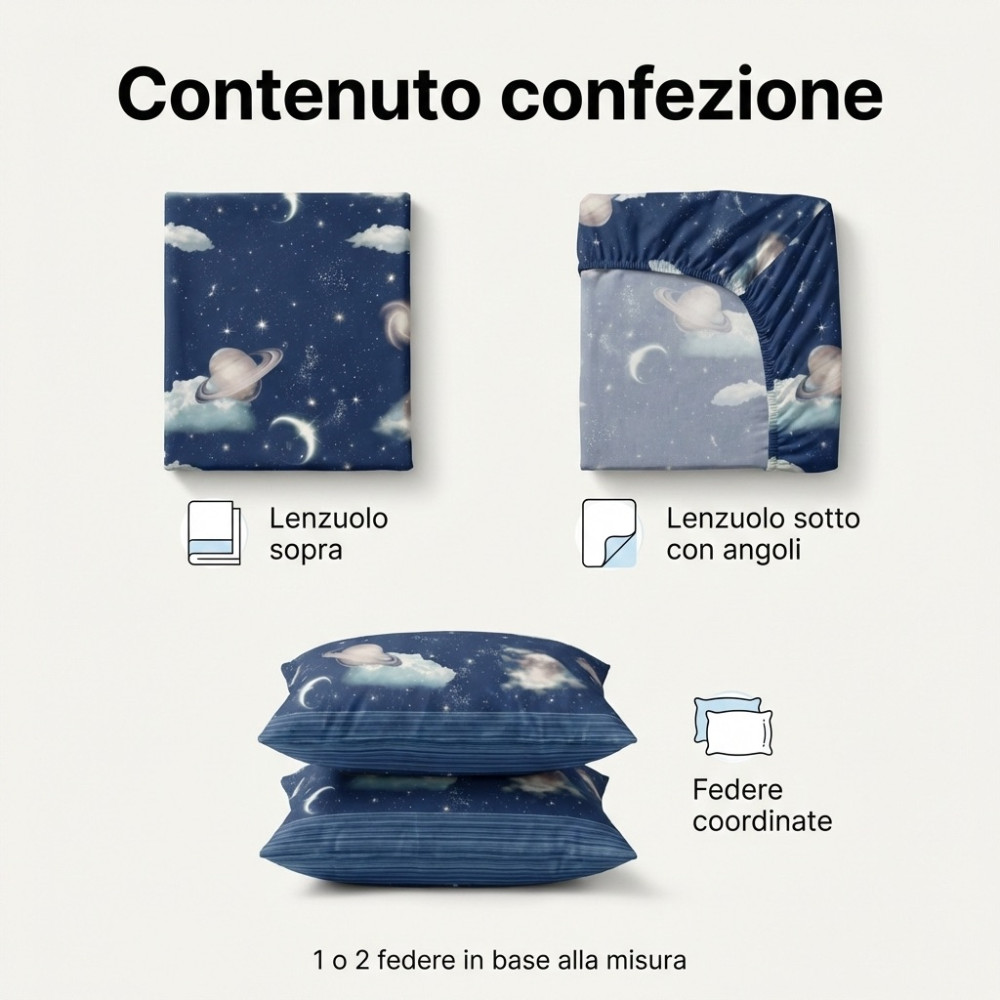 Fundas de almohada con estampado de planetas azules coordinadas y banda a rayas a juego
