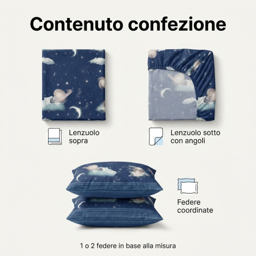 Coordinated blue planets patterned pillowcases with matching striped band