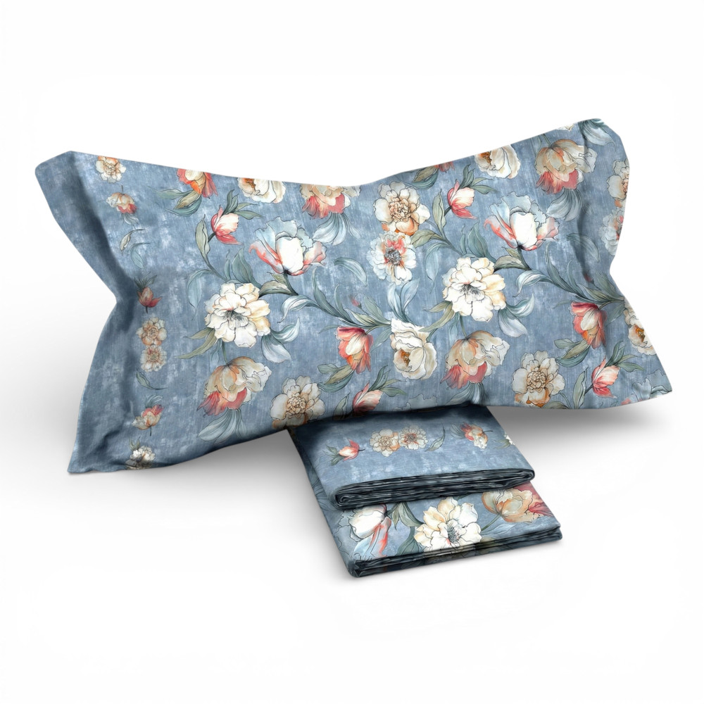 Fior di Perla Azzurro MAXI Doppellaken aus 100 % Baumwolle mit Blumenmuster