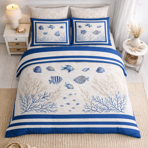 Juego de colchas con mozones 250x290 con 2 fundas de almohada con patrón azul mar 50x80