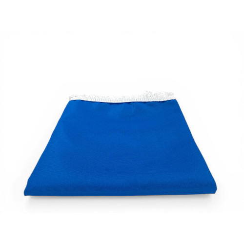 Matching lower fringe on plain blue awning for outdoor