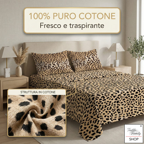 Completo Lenzuola Leopardato Safari 100% Cotone Made in Italy