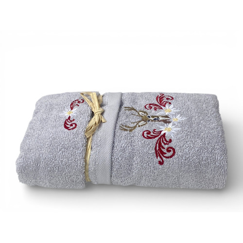 Ensemble de serviettes Tirolo gris clair - Cerf et Edelweiss - 100 % coton fabriqué en Italie