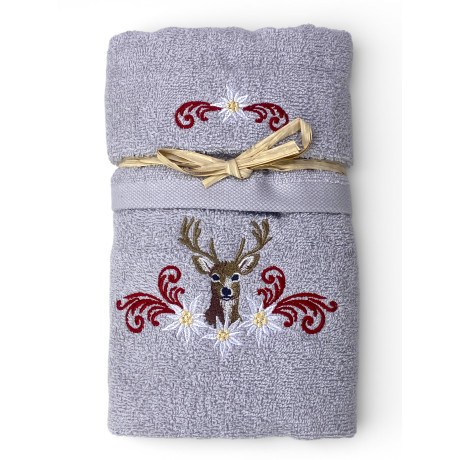 Ensemble de serviettes Tirolo gris clair - Cerf et Edelweiss - 100 % coton fabriqué en Italie