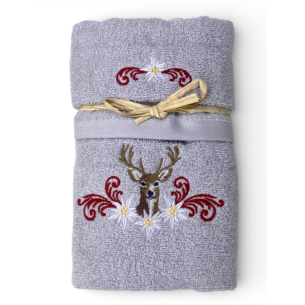 Set Asciugamani Tirolo Grigio Chiaro - Cervo e Stelle Alpine - 100% Cotone Made in Italy