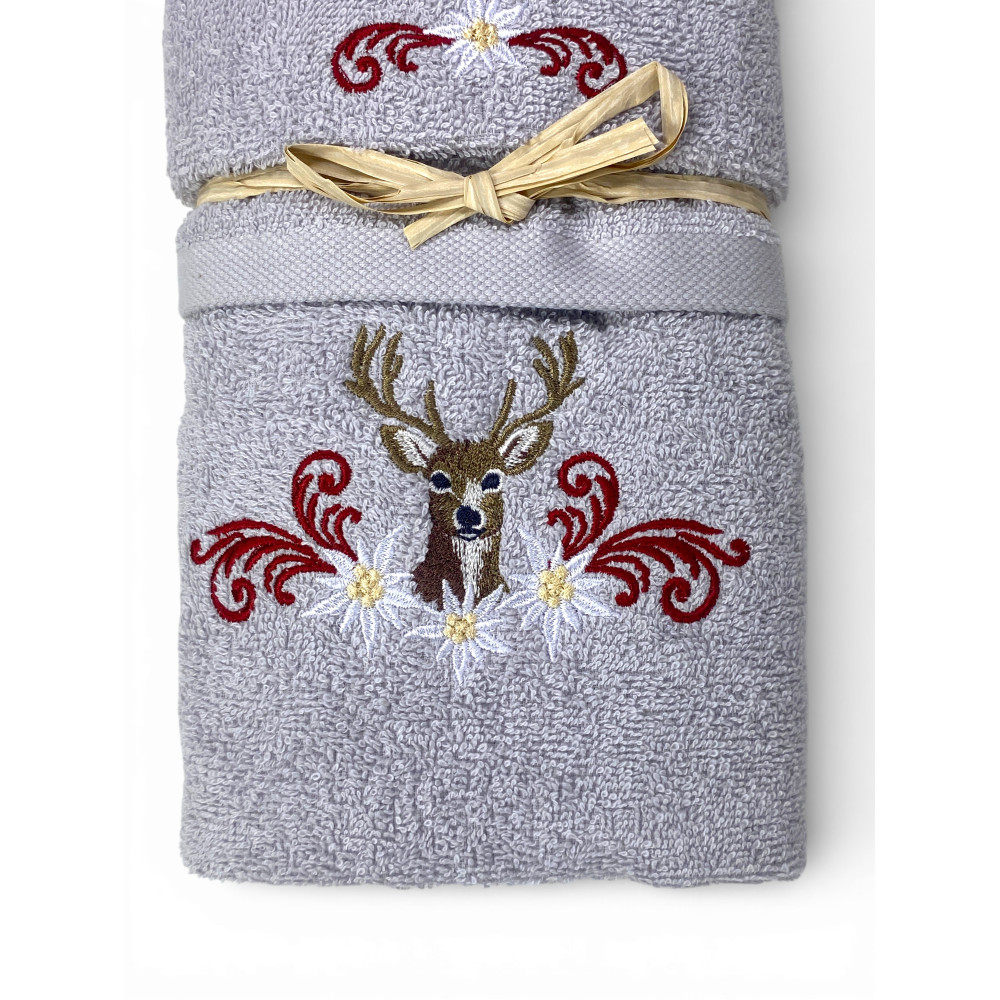 Light Grey Tirolo Towel Set - Deer and Edelweiss - 100% Cotton Made in Italy