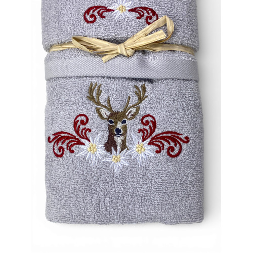 Hellgraues Tirolo-Handtuchset – Deer and Edelweiss – 100% Baumwolle hergestellt in Italien