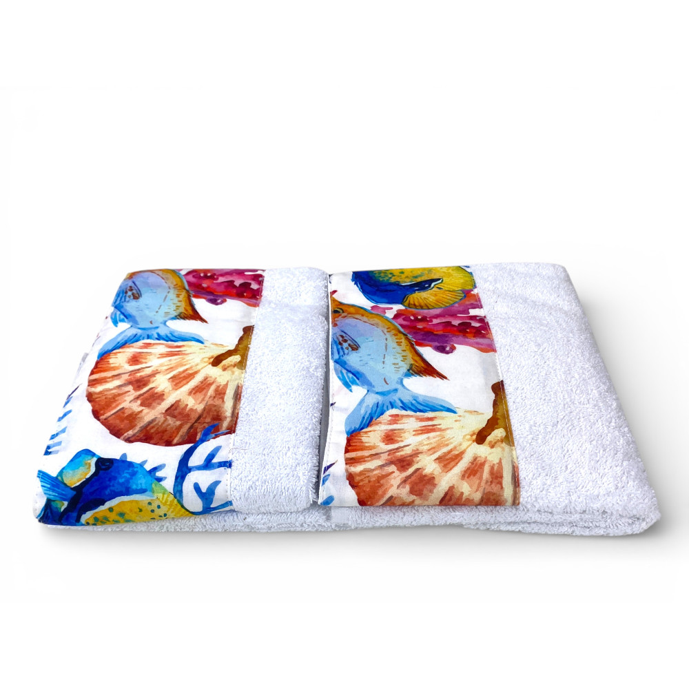 Serviette de visage 60x110 en tissu éponge blanc 100 % coton avec motif fluff sea