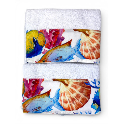 White beach towel set 1+1 with flounce printed aquarium fish and shells