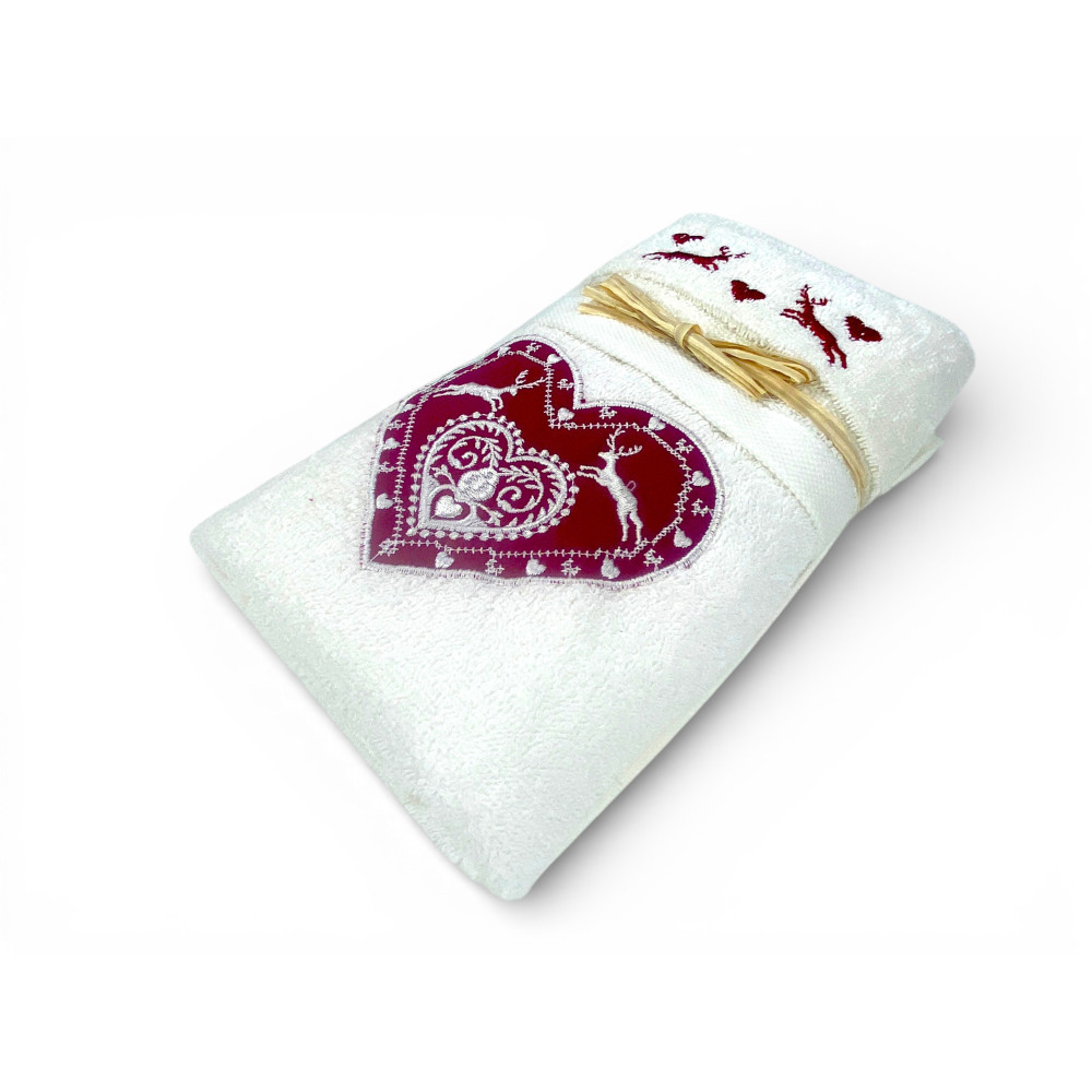 Heart embroidery detail with burgundy red deer on 100% cotton cream terry