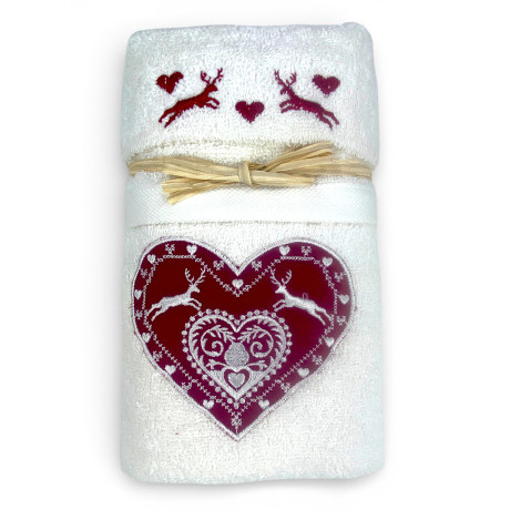 Set asciugamani tirolese panna 1+1 con cuore cervo ricamato stile montagna