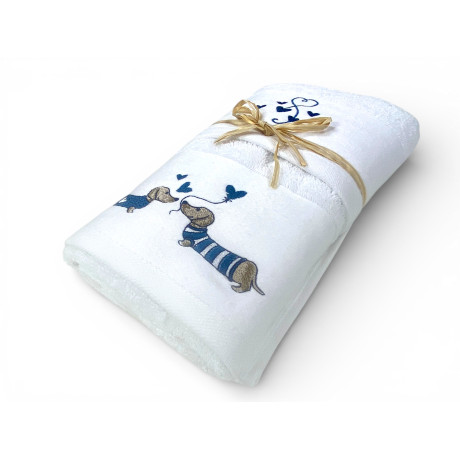 Serviette éponge blanche 60x110 avec broderie teckel bleu et petits cœurs 2
