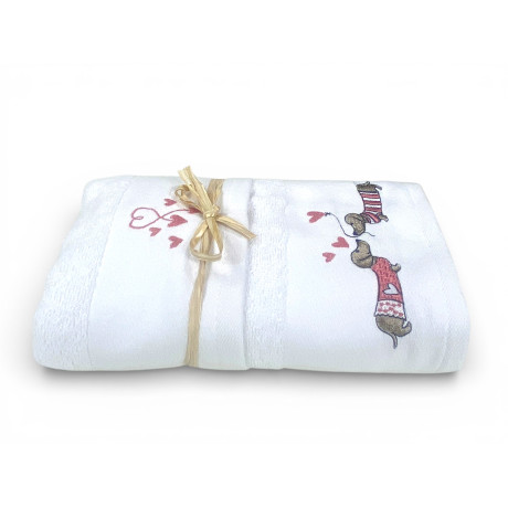 Set asciugamani bassotti rosa in spugna bianca 1+1 con ricamo cuori e fiocco 2