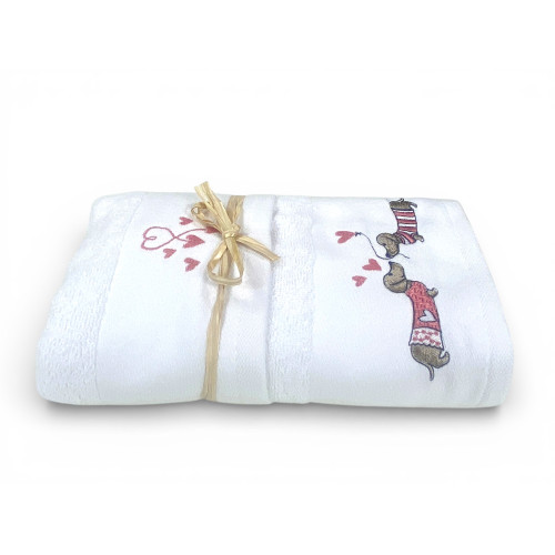 Asciugamano 60x110 spugna bianca con ricamo bassotti rosa e cuoricini