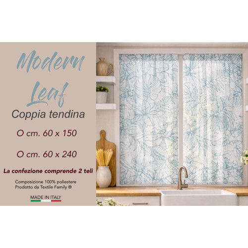 Tendine a Vetro Modern Leaf Blu Bouclè Semitrasparenti
