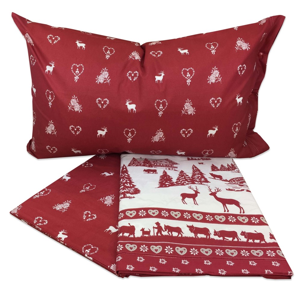 Conjunto de sábanas tirolesas Chalet rojo 100% algodón