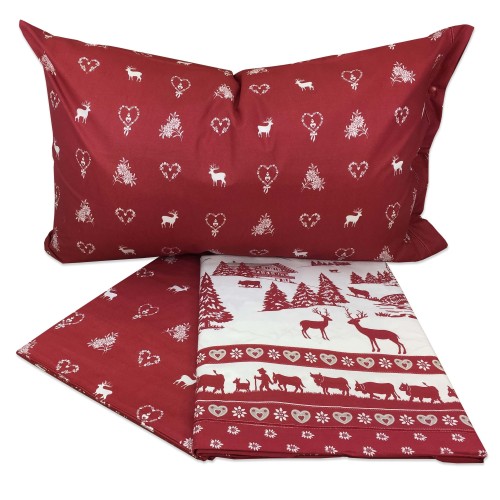 Completo Lenzuola Tirolese Rosso Chalet 100% Cotone