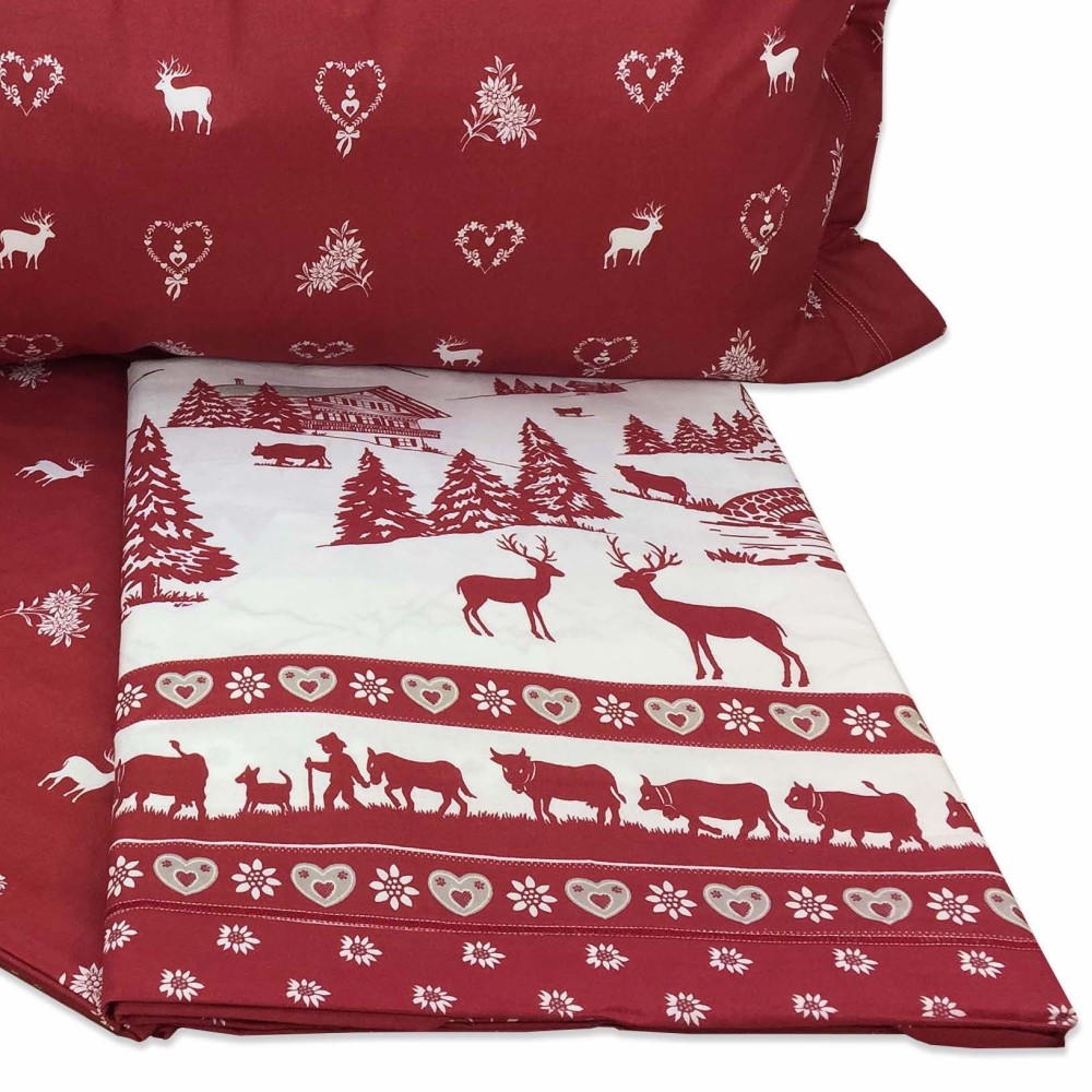 Tyrolean Sheets Set Red Chalet 100% Cotton