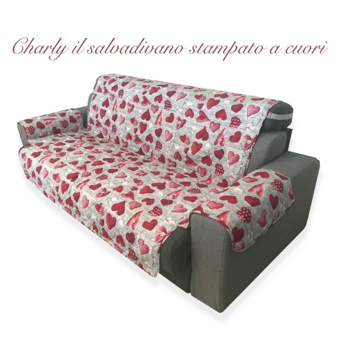 SOFA COVER CHARLY QUILTED SMOOTH HEARTS SHABBY RED HEARTS SOFA PROTECTOR