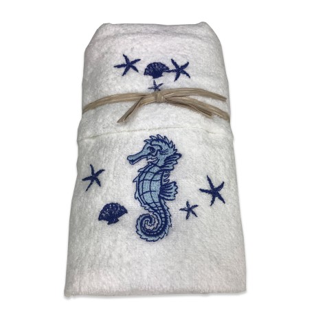 JUEGO DE TOALLAS DE PLAYA CON CABALLITO DE MAR BLANCO