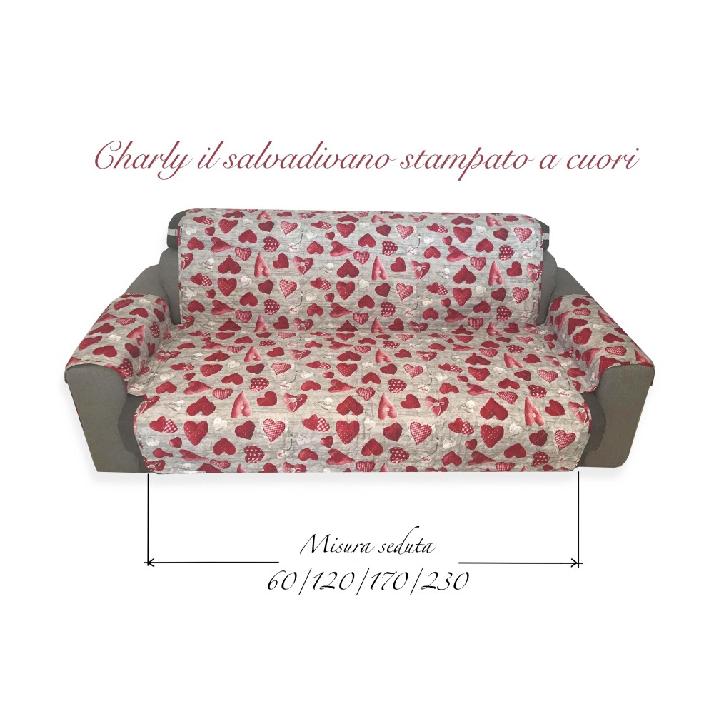 SOFA COVER CHARLY QUILTED SMOOTH HEARTS SHABBY RED HEARTS SOFA PROTECTOR
