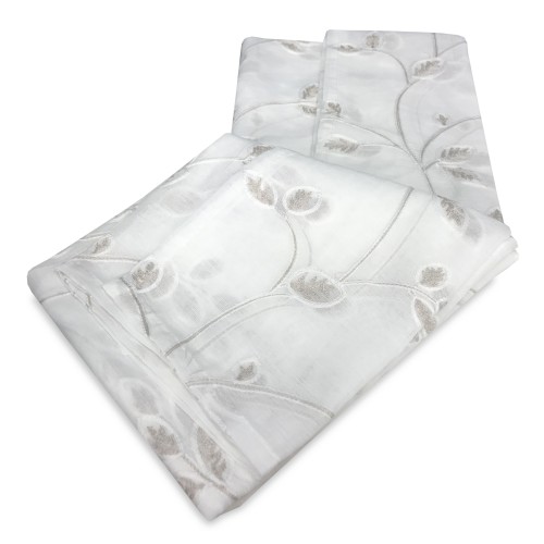 PAIR OF ADJUSTABLE CURTAIN WITH BEIGE EMBROIDERED LEAF GLASS
