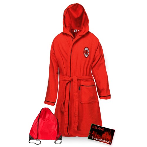 ORIGINAL A.C. MILAN BABY BOY BATHROBE IN RED BLACK MICROSPONGE with POOL BACKPACK and postcard MILANO is