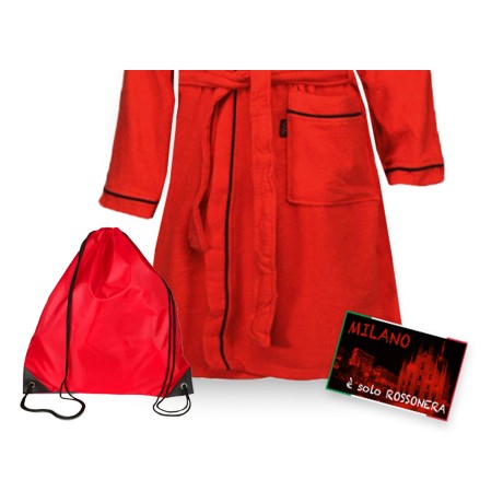 ALBORNOZ ORIGINAL A.C. MILAN BEBÉ NIÑO EN MICROESPONJA ROJA NEGRA con MOCHILA DE PISCINA y postal MILANO es 2