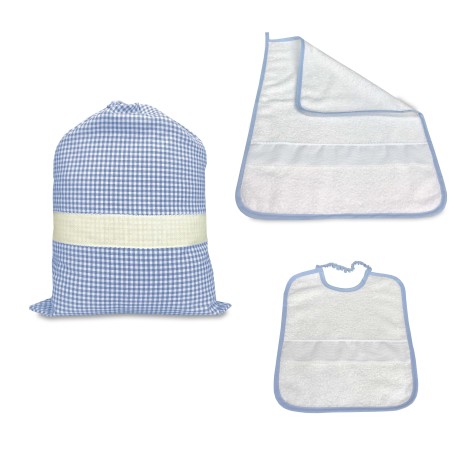 JUEGO DE SACO DE GUARDERÍA y TOALLA y BABERO EN HILO DE CUADROS TEÑIDO con lona AIDA para bordar el nombre