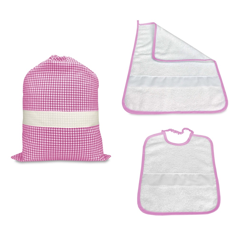 KINDERGARTEN SACK SET und Handtuch und BIB CHECKED YARN DYED mit AIDA Canvas zum Aufsticken des Namens