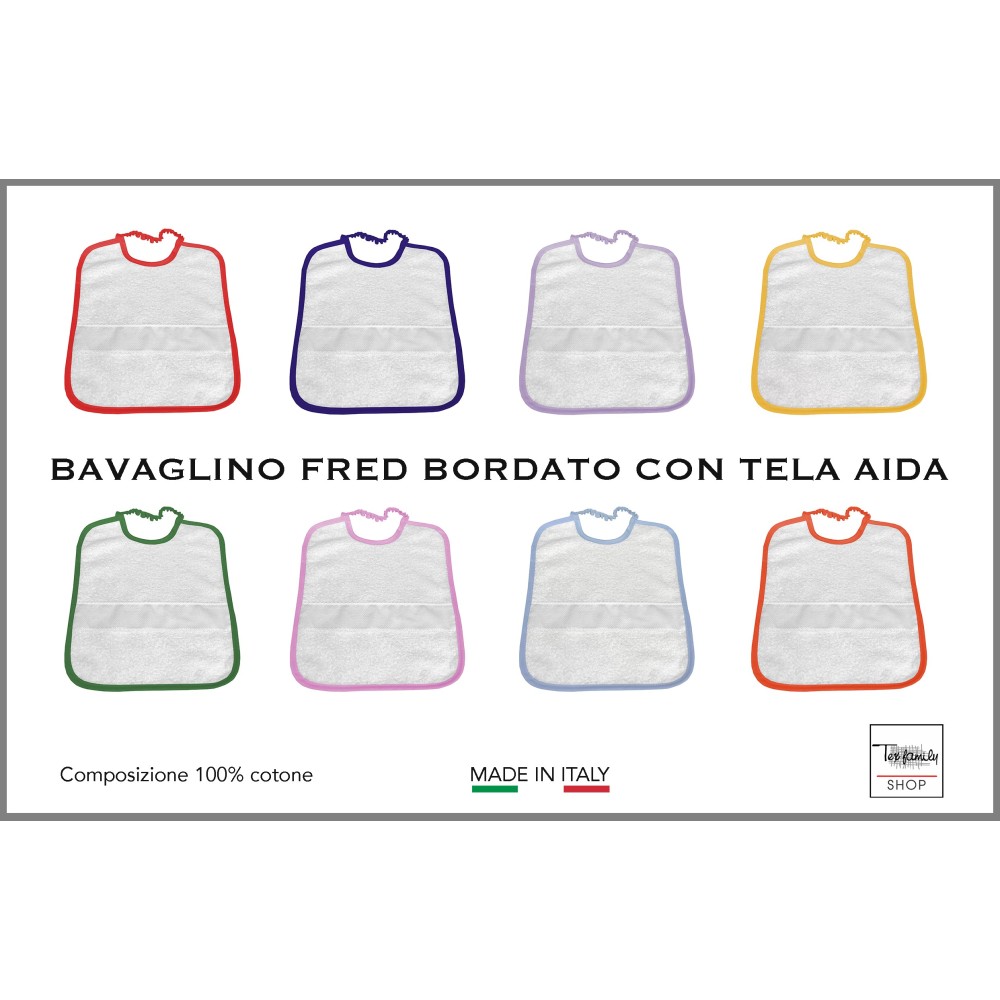 BAVAGLINO ASILO bordato in TINTA UNITA con tela AIDA per ricamare il nome
