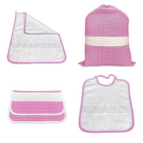 CONJUNTO KINDERGARTEN 4 piezas BOLSA y TOALLA y BOLSA DE CUADROS TEÑIDA EN HILO con lona AIDA para bordar el nombre