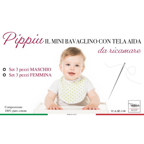SET DE 3 BABEROS BABEROS PARA NIÑOS PIPPÌU © CM. Mordaza MINI con cordones tamaño 16x18 con lona aida