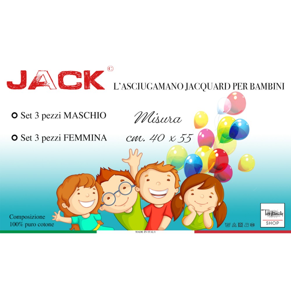 SET 3 TOWELS KINDERGARTEN CHILD JACK © cm. 40x55 Pure Cotton MALE